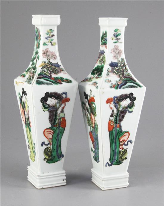 A pair of Chinese famille verte vases, late 19th century, 25cm, one broken and glued